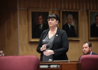 State Senator Justine Wadsack speaking on the floor of the Arizona State Senate at the Arizona State Capitol building in Phoenix, Arizona.