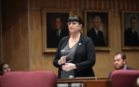 State Senator Justine Wadsack speaking on the floor of the Arizona State Senate at the Arizona State Capitol building in Phoenix, Arizona.