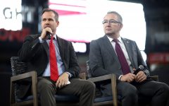 State Senate President Warren Petersen and Speaker of the Arizona House of Representatives Ben Toma speaking with attendees at the 2024 Legislative Forecast Luncheon hosted by the Arizona Chamber of Commerce & Industry at Chase Field in Phoenix, Arizona.