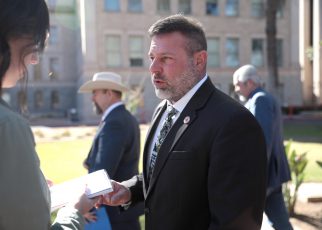 State Representative John Gillette speaking with the media at a press conference hosted by Border 911 at the Arizona State Capitol building in Phoenix, Arizona.