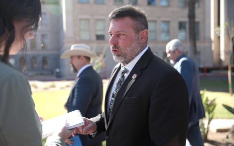 State Representative John Gillette speaking with the media at a press conference hosted by Border 911 at the Arizona State Capitol building in Phoenix, Arizona.