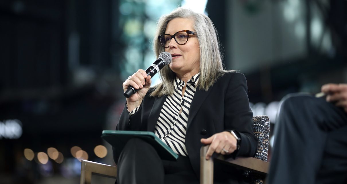 Governor Katie Hobbs speaking with attendees at the 2024 Legislative Forecast Luncheon hosted by the Arizona Chamber of Commerce & Industry at Chase Field in Phoenix, Arizona.