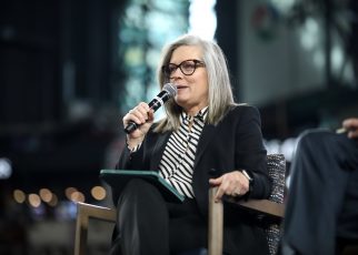 Governor Katie Hobbs speaking with attendees at the 2024 Legislative Forecast Luncheon hosted by the Arizona Chamber of Commerce & Industry at Chase Field in Phoenix, Arizona.