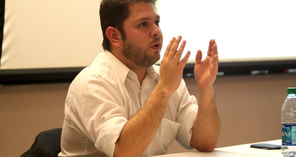 State Representative Ruben Gallego speaking at a "Gun Rights" debate hosted by Students for Liberty and Young Americans for Liberty at Arizona State University in Tempe, Arizona.