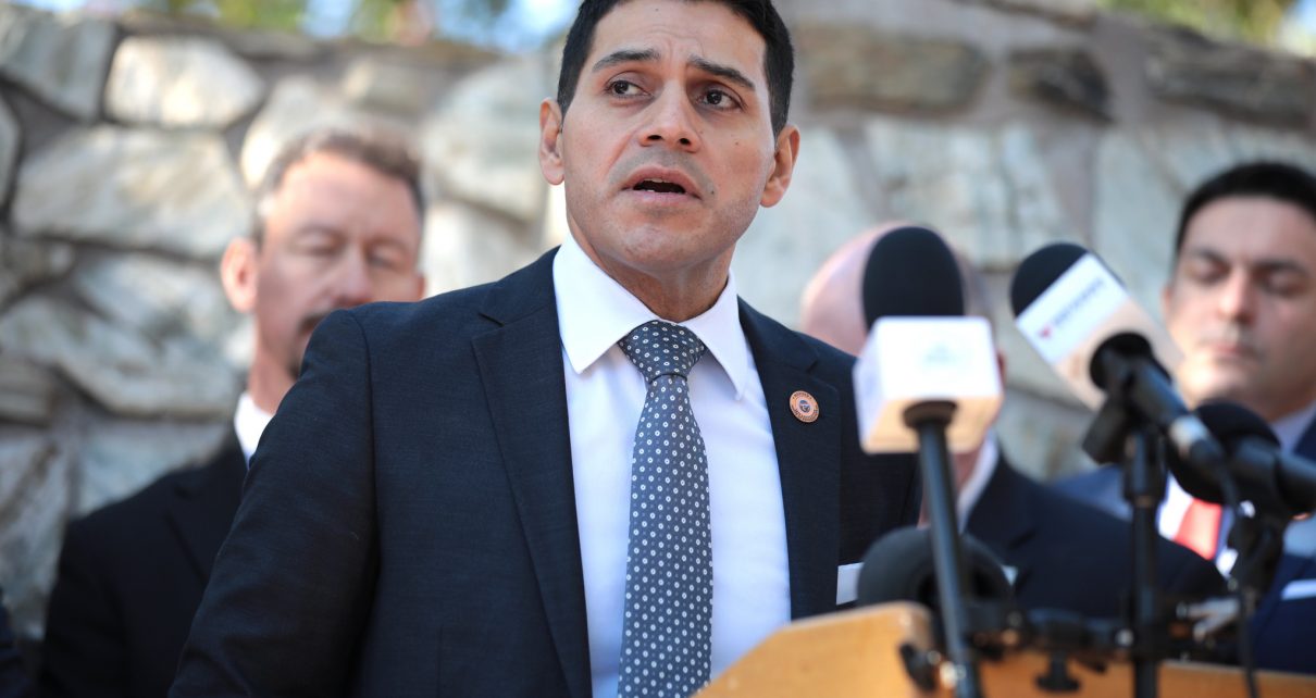 State Representative Steve Montenegro speaking with the media at a press conference hosted by Border 911 at the Arizona State Capitol building in Phoenix, Arizona.